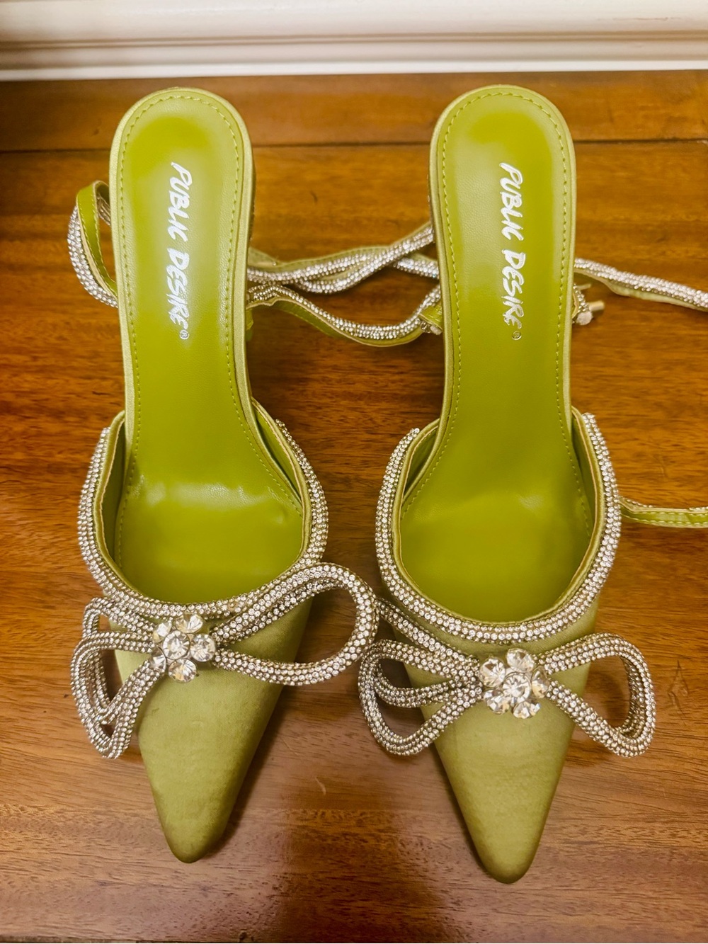 Public Desire Olive Green Pointed Toe Rhinestone Bow Heeled Mules